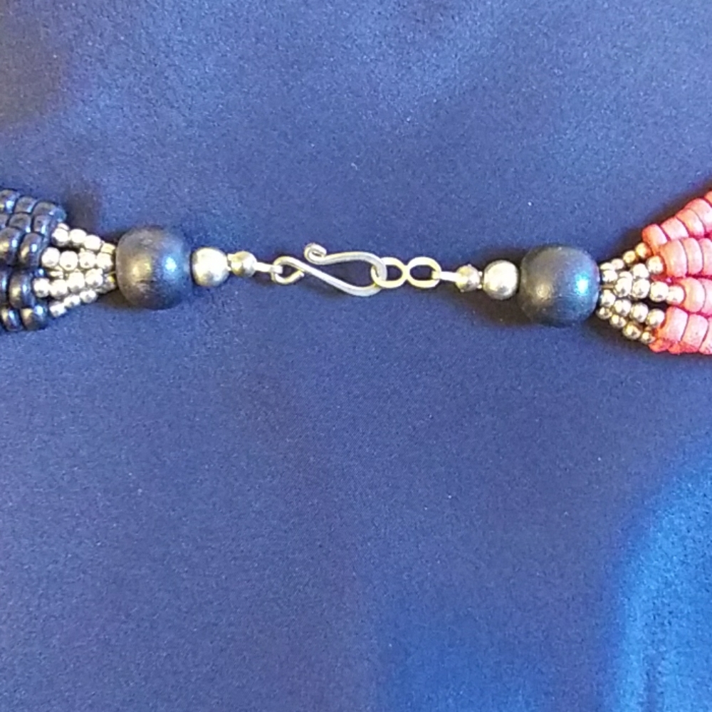 Necklace 6 Strand 24" Red and Black - Picture 2 of 4